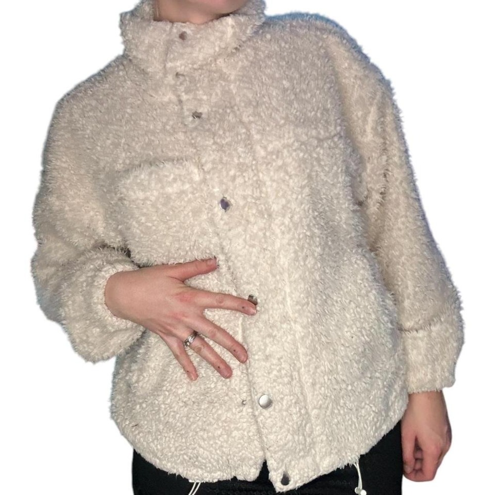 fuzzy winter sherpa jacket with snap buttons and mob wife vibes, medium fall